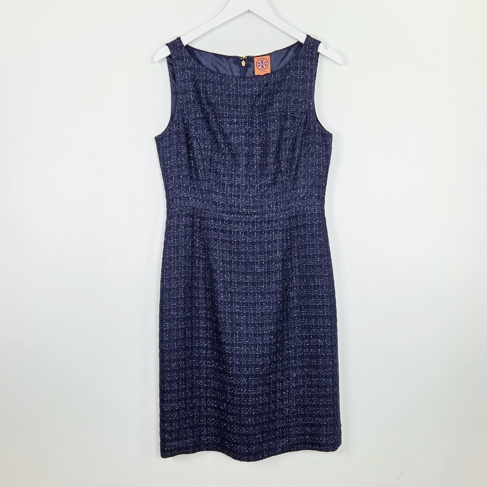 Tory Burch Jackson Shimmer Sheath Navy Dress Size 10 Style 51121437